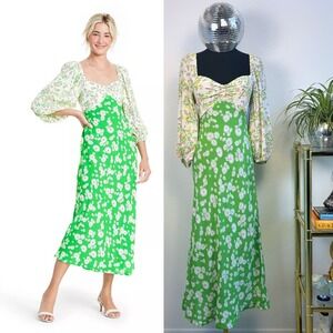RIXO for Target Green Floral Daisy Maxi‎ Dress, Size 2 | Boho Smocked Dopamine